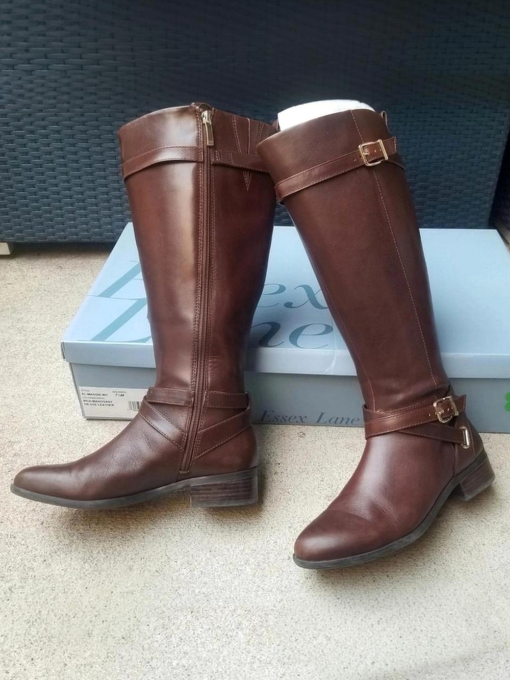 Essex Lane Maggie 7.5 Wide Calf Riding Boots Brown Leather Flat Heel Buckle